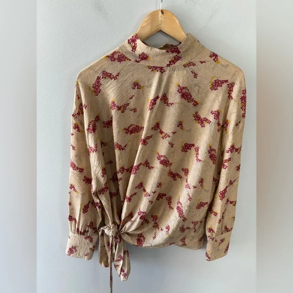 Zara Floral Tie Front Mock Neck Blouse Size M Ecru/Pink Long Sleeve Casual - Picture 3 of 13